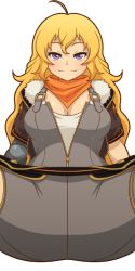 Rule 34 | 1girl, ahoge, blonde hair, breasts, brown jacket, cleavage, jacket, large breasts, mechanical arms, mike inel, neckerchief, orange neckerchief, purple eyes, raised eyebrows, rwby, single mechanical arm, smile, solo, spread legs, transparent background, yang xiao long