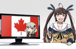 Rule 34 | 2girls, ahoge, artificial eye, black sclera, brown hair, brown shirt, canada, colored sclera, flat screen tv, girls&#039; frontline, gradient background, grey background, highres, jacket, long hair, looking at viewer, m14 (girls&#039; frontline), mechanical eye, meme, mismatched sclera, multiple girls, open mouth, shirt, simple background, tac-50 (girls&#039; frontline), television, twintails, white background, yellow eyes