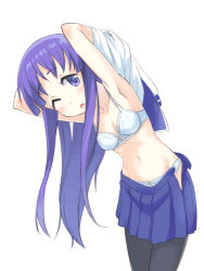 Rule 34 | 1girl, ;o, armpits, arms up, bent over, black pantyhose, blue bra, blue panties, blush, bow, bow bra, bow panties, bra, breasts, changing clothes, cleavage, hinata yukari, katoshigu, lace, lace-trimmed bra, lace trim, leaning to the side, long hair, looking at viewer, medium breasts, navel, one eye closed, open clothes, open mouth, open skirt, panties, pantyhose, pleated skirt, purple eyes, purple hair, school uniform, serafuku, simple background, skirt, solo, underwear, undressing, white background, white bra, white panties, wink, yuyushiki