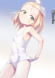 Rule 34 | 1girl, adjusting clothes, adjusting swimsuit, armpits, bangs pinned back, blonde hair, blue background, bow, bow hairband, closed mouth, commentary request, covered navel, flat chest, from side, gradient background, green eyes, groin tendon, hair bow, hairband, head tilt, highres, i-504 (kancolle), kantai collection, legs apart, looking at viewer, looking back, looking to the side, luigi torelli (kancolle), medium hair, metadio, old school swimsuit, one-hour drawing challenge, one-piece swimsuit, school swimsuit, solo, standing, straight hair, swimsuit, twitter username, white background, white bow, white hairband, white one-piece swimsuit