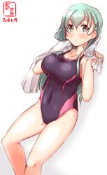 Rule 34 | 1girl, absurdres, against wall, aqua eyes, aqua hair, artist logo, black one-piece swimsuit, blush, breasts, commentary request, competition swimsuit, cowboy shot, dated, hair ornament, hairclip, highres, kanon (kurogane knights), kantai collection, long hair, looking at viewer, medium breasts, one-piece swimsuit, simple background, solo, suzuya (kancolle), swimsuit, towel, white background, white towel