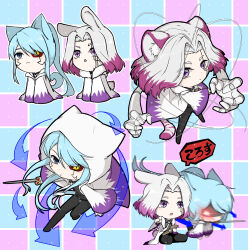 Rule 34 | 2boys, abel walker, absurdres, abyss razor, animal ears, blue hair, cape, chibi, grey hair, highres, hood, hooded coat, long sleeves, mashle, mismatched pupils, mismatched sclera, multicolored hair, multiple boys, speech bubble, sword, tail, two-tone hair, unjustsirius, weapon