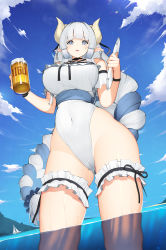 Rule 34 | 1girl, absurdres, alcohol, bare shoulders, beer, blunt bangs, boat, breasts, cameltoe, choker, cloud, cloudy sky, collarbone, covered navel, cow horns, cowboy shot, dutch angle, foreshortening, frilled one-piece swimsuit, frills, from below, grey eyes, grey hair, groin, highleg, highleg leotard, highres, holding, holding tray, horns, large breasts, leotard, long hair, looking at viewer, migu (iws2525), ocean, one-piece swimsuit, open mouth, original, outdoors, partially underwater shot, pointy ears, ribbed shirt, sailboat, shirt, sky, smile, swimsuit, sylphy (kerinyan), thigh strap, tray, very long hair, wading, waitress, water, watercraft