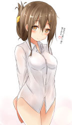 Rule 34 | 10s, 1girl, absurdres, aged up, arms behind back, blush, breasts, brown eyes, brown hair, commentary request, cowboy shot, dress shirt, folded ponytail, gradient background, highres, inazuma (kancolle), kantai collection, large breasts, looking at viewer, md5 mismatch, naked shirt, saku (kudrove), shirt, solo, translation request