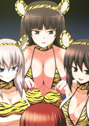 Rule 34 | 4girls, absurdres, animal ears, animal print, bikini, black background, breasts, brown eyes, brown hair, chinese zodiac, cleavage, closed mouth, commentary, crossed arms, fake animal ears, fur collar, girls und panzer, giving, gradient background, halterneck, highres, holding, holding clothes, holding swimsuit, itsumi erika, kamishima kanon, large breasts, long hair, looking at another, medium breasts, mother and daughter, multiple girls, new year, nishizumi maho, nishizumi miho, nishizumi shiho, open mouth, print bikini, print collar, short hair, siblings, side-by-side, sisters, smile, strapless, strapless bikini, swimsuit, tiger ears, tiger print, year of the tiger, yellow collar
