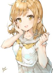Rule 34 | 1girl, :d, bad id, bad pixiv id, blonde hair, collarbone, commentary request, eyelashes, fork, grey sailor collar, grey skirt, hand on own cheek, hand on own face, hands up, highres, holding, holding fork, kunikida hanamaru, long hair, looking at viewer, love live!, love live! sunshine!!, miniskirt, necktie, open mouth, pleated skirt, sailor collar, school uniform, shirt, short sleeves, sidelocks, signature, simple background, skirt, smile, solo, takenoko no you, upper body, white background, white shirt, yellow eyes, yellow necktie