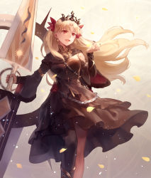 Rule 34 | 1girl, :d, black dress, black nails, blonde hair, blush, chain, double-blade, dress, earrings, ereshkigal (fate), ereshkigal (third ascension) (fate), fate/grand order, fate (series), from below, hair ribbon, holding, holding weapon, jewelry, kanmuri (hanyifan30338), long hair, long sleeves, nail polish, open mouth, petals, red eyes, red ribbon, ribbon, skull, smile, solo, standing, tiara, tohsaka rin, twintails, two side up, weapon
