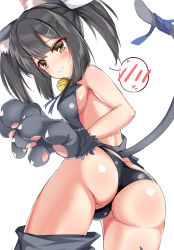 Rule 34 | 1girl, animal ears, animal hands, aono (f i s), ass, backless outfit, bare shoulders, bell, black hair, black panties, blue ribbon, blush, breasts, brown eyes, butt crack, cat ears, cat tail, closed mouth, fate/kaleid liner prisma illya, fate (series), feather hair ornament, feathers, gloves, grey gloves, hair ornament, hairclip, highres, hip focus, jingle bell, long hair, looking at viewer, miyu edelfelt, panties, paw gloves, ribbon, simple background, small breasts, solo, spoken blush, tail, thighs, twintails, underwear, white background