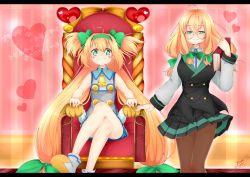 Rule 34 | 2girls, absurdres, arc system works, artist request, blazblue, blonde hair, blush, book, boots, bow, breasts, chair, dress, glasses, green eyes, hair bow, hair ribbon, hairband, heart, heart-shaped pupils, highres, crossed legs, light smile, long hair, looking at viewer, miniskirt, multiple girls, pantyhose, platinum the trinity, quad tails, ribbon, shirt, skirt, smile, symbol-shaped pupils, throne, translation request, trinity glassfield, very long hair