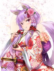 Rule 34 | 1girl, ahoge, alternate costume, animal ears, bell, blush, bow, bowl, chopsticks, crescent, eating, ema, floral background, floral print, flower, food, fox ears, fox tail, fujino (yoshi9798174), hair flower, hair ornament, hairpin, holding, holding bowl, japanese clothes, jingle bell, katana, kemonomimi mode, kimono, long hair, long sleeves, looking at viewer, low twintails, mochi, obi, purple bow, purple eyes, purple hair, red flower, sash, sheath, sheathed, solo, sword, tail, tassel, twintails, upper body, vocaloid, voiceroid, wagashi, weapon, white kimono, wide sleeves, yuzuki yukari