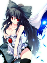 Rule 34 | 1girl, ai takurou, bare shoulders, black hair, bow, breasts, cleavage, feathers, female focus, hair bow, hair censor, hair over breasts, large breasts, long hair, looking at viewer, no nose, no panties, ponytail, red eyes, reiuji utsuho, shy, skirt, skirt tug, solo, thighhighs, touhou, undressing, wings