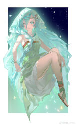 Rule 34 | 1girl, 37 (reverse:1999), absurdres, artist name, blue background, blue hair, border, dated, dress, full body, gradient background, green dress, green ribbon, green veil, hair between eyes, highres, invisible chair, jingmo (jnmo), knees up, layered dress, leg ribbon, long hair, looking at viewer, official alternate costume, outside border, reverse:1999, ribbon, sandals, short dress, signature, single bare shoulder, sitting, sleeveless, sleeveless dress, solo, sparkle, very long hair, weibo logo, weibo username, white border