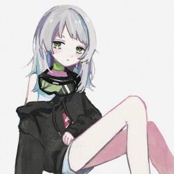 Rule 34 | 1girl, black hoodie, blush, broken eyewear, closed mouth, collar, commentary request, dress, expressionless, feet out of frame, fuyuu rei, goggles, goggles around neck, green collar, green eyes, grey hair, half-closed eyes, hand on lap, highres, hood, hood down, hoodie, knees up, long hair, long legs, long sleeves, looking at viewer, nakya (tanakya sss), off shoulder, short dress, sitting, sleeveless, sleeveless dress, solo, tearing up, utau, white background, white dress