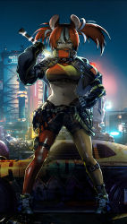 Rule 34 | 1girl, absurdres, alternate costume, baseball bat, belt, black jacket, car, city, city lights, crop top, cyberpunk, gloves, hakos baelz, hand on own hip, highres, hololive, hololive english, jacket, midriff, motor vehicle, mouse girl, multicolored hair, navel, night, night sky, pantyhose, pantyhose under shorts, red hair, shin strap, shoes, shorts, sky, sneakers, solo, thigh strap, urban, virtual youtuber, vyragami