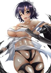 Rule 34 | 1girl, areola slip, black hair, blue eyes, blush, breasts, cleavage, covered erect nipples, curvy, female focus, huge breasts, iroha (samurai spirits), looking at viewer, maid headdress, nonoririn, one eye closed, open mouth, samurai spirits, short hair, solo, thick thighs, thighhighs, thighs, torn clothes, torn thighhighs, weapon, wide hips