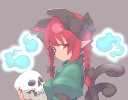 Rule 34 | 1girl, animal ears, black bow, blue fire, blunt bangs, bow, braid, cat ears, cat tail, dress, extra ears, fire, frills, from side, glowing, green dress, grey background, hair bow, hair ribbon, highres, hitodama, holding, holding skull, juliet sleeves, kaenbyou rin, long hair, long sleeves, looking at viewer, multiple tails, nail polish, nekomata, piza poteto, pointy ears, puffy sleeves, red eyes, red hair, red nails, ribbon, simple background, skull, solo, tail, touhou, tress ribbon, twin braids, twintails, two tails, upper body
