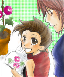 Rule 34 | 00s, age difference, book, brown eyes, brown hair, father and son, flower, kratos aurion, lloyd irving, lowres, oekaki, plant, short hair, smile, tales of (series), tales of symphonia