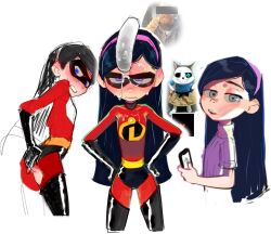 Rule 34 | 1boy, 1girl, ass, blue eyes, blush, cellphone, chi-iz, closed mouth, cum, facial, hairband, highres, open mouth, penis, penis on head, phone, purple hairband, sans (undertale), simple background, superhero costume, teeth, the incredibles, undertale, variations, violet parr, white background