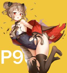 Rule 34 | 1girl, :o, absurdres, bare shoulders, belt, black thighhighs, blush, breasts, brown hair, bullet, character name, commission, covered navel, double bun, full body, furrowed brow, girls&#039; frontline, hair bun, hair ornament, hand on thigh, highres, hyoin, jacket, legs up, leotard, lwmmg (golden starthistle) (girls&#039; frontline), medium breasts, off shoulder, official alternate costume, p90 (girls&#039; frontline), pixiv commission, red eyes, short hair, simple background, skindentation, solo, thighhighs, torn clothes, torn jacket, torn thighhighs, yellow background
