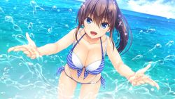 Rule 34 | 1girl, :d, asami asami, bare arms, bikini, blue bikini, blue eyes, breasts, brown hair, cleavage, collarbone, day, fang, floating hair, front-tie bikini top, front-tie top, game cg, hair between eyes, large breasts, leaning forward, long hair, looking at viewer, natural vacation, navel, ocean, open mouth, outdoors, ponytail, sarashina yuzuki, side-tie bikini bottom, smile, solo, sparkle, splashing, striped bikini, striped clothes, summer, swimsuit, very long hair, wading