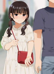 Rule 34 | 1boy, 1girl, bag, black hair, black shirt, blue pants, blurry, blurry background, blush, brown eyes, closed mouth, day, denim, depth of field, dress, jeans, long hair, low twintails, mattaku mousuke, original, out of frame, outdoors, pants, reaching, shirt, short sleeves, shoulder bag, solo focus, twintails, wavy mouth, white dress