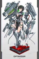 Rule 34 | 1girl, amputee, bob cut, breasts, colored inner hair, commentary request, english text, fingerless gloves, full body, gia, gloves, green eyes, green hair, highres, holding, holding weapon, looking at viewer, mecha musume, mechanical arms, medium breasts, mixed-language commentary, multicolored hair, nail polish, original, prosthesis, prosthetic leg, science fiction, short hair, single mechanical arm, single thighhigh, solo, streaked hair, thighhighs, trigger discipline, two-tone hair, weapon