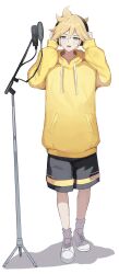 Rule 34 | 1boy, absurdres, ahoge, baggy clothes, black shorts, blonde hair, blue eyes, drawstring, elpuchi, hands on headphones, headphones, headset, highres, hood, hoodie, kagamine len, light blush, loose socks, microphone, microphone stand, music, open mouth, recording, shoes, short ponytail, shorts, singing, sneakers, socks, solo, vocaloid, white background, white footwear, white socks, yellow hoodie