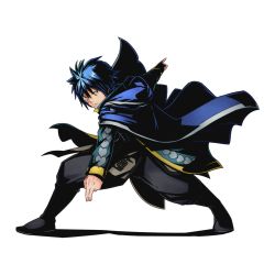 Rule 34 | 10s, 1boy, black footwear, blue hair, boots, brown eyes, cape, divine gate, fairy tail, full body, hair between eyes, jellal fernandes, looking at viewer, male focus, official art, shadow, solo, spiked hair, transparent background, ucmm