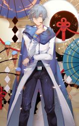 Rule 34 | 1boy, abstract background, absurdres, argyle, argyle background, argyle clothes, arm across waist, beige background, belt, blue eyes, blue hair, blue scarf, blue umbrella, candy, coat, floral background, flower, food, happy, headset, highres, ice cream, ice cream cone, kaito (vocaloid), legs apart, light particles, looking at viewer, male focus, multicolored background, oil-paper umbrella, pants, petals, saihate (d3), scarf, signature, simple background, smile, standing, sweets, umbrella, upper body, vocaloid, white coat
