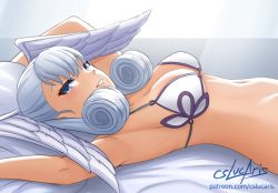 Rule 34 | 1girl, armpits, arms up, bed sheet, bikini, blue eyes, breasts, cslucaris, curly hair, elbow gloves, feathered wings, from side, gloves, head wings, looking at viewer, looking to the side, lying, medium breasts, melia antiqua, navel, nintendo, on back, on bed, parted lips, pillow, seductive smile, signature, smile, solo, swimsuit, upper body, watermark, web address, white bikini, white wings, wings, xenoblade chronicles (series), xenoblade chronicles 1