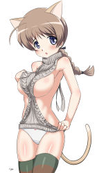 Rule 34 | 1girl, animal ears, blue eyes, blush, breasts, brown hair, cameltoe, cat ears, cat tail, cyber (cyber knight), highres, large breasts, looking at viewer, lynette bishop, open mouth, panties, ponytail, sideboob, simple background, solo, standing, strike witches, striped clothes, striped thighhighs, sweater, tail, thighhighs, underwear, white background, white panties, world witches series