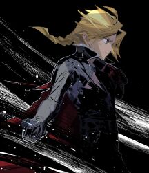 Rule 34 | 1boy, black background, blonde hair, braid, clenched hand, cofffee, cowboy shot, edward elric, facing to the side, fullmetal alchemist, jacket, jacket over shoulder, unworn jacket, long hair, looking to the side, male focus, parted bangs, pocket watch, prosthesis, prosthetic arm, red jacket, single braid, solo, watch, yellow eyes