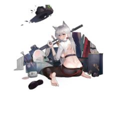 Rule 34 | 1girl, animal ears, anti-materiel rifle, ass, back, barefoot, belt, black footwear, black pants, blue eyes, bolt-action rifle, bolt action, braid, breasts, bullpup, butt crack, closed mouth, damaged, decorations, feet, unworn footwear, from behind, full body, girls&#039; frontline, grey hair, gun, hair between eyes, hair ornament, hat, holding, ksvk (girls&#039; frontline), ksvk 12.7, lips, long hair, looking at viewer, looking back, muzzle device, official alternate costume, official art, pandea work, pants, rifle, scope, shirt, shoes, unworn shoes, sitting, sleeves rolled up, sniper rifle, solo, torn clothes, torn hat, torn shirt, transparent background, weapon, white shirt