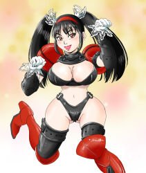 Rule 34 | 1girl, armor, black hair, body blush, boots, breasts, cleavage, curvy, fighting vipers, gloves, gluteal fold, hairband, highres, honey (fighting vipers), large breasts, long hair, navel, open mouth, red eyes, retro cross, sega, shiny skin, shoulder armor, sidelocks, smile, thighhighs, thighhighs under boots, thong, twintails, wide hips
