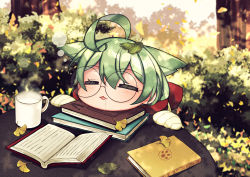 Rule 34 | 1girl, :3, absurdres, ahoge, akashi (azur lane), animal ears, azur lane, blush, book, bow, bush, cat ears, closed eyes, commentary request, copyright name, cup, day, ginkgo tree, ginkgo leaf, glasses, green hair, hair between eyes, hair bow, hands up, head rest, highres, huge filesize, leaf, leaf on head, long hair, long sleeves, milk, mug, open book, outdoors, parted lips, pikomarie, red bow, ribbed sweater, round eyewear, round table, sleeves past fingers, sleeves past wrists, solo, steam, sweater, table, tree, white sweater