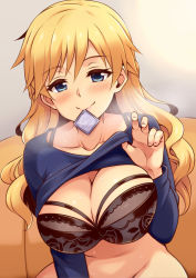 Rule 34 | 1girl, black bra, blonde hair, blue eyes, blush, bra, bra strap, breasts, cleavage, clothes lift, collarbone, commentary request, condom, condom in mouth, condom wrapper, idolmaster, idolmaster cinderella girls, large breasts, lifted by self, long hair, long sleeves, looking at viewer, mouth hold, ohtsuki yui, purple shirt, shirt, shirt lift, solo, underwear, upper body, uraichishi, wavy hair