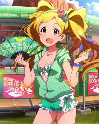 Rule 34 | 10s, 1girl, :d, bikini, blonde hair, breasts, cleavage, emily stewart, flower, frilled bikini, frills, front-tie top, hair flower, hair ornament, hand fan, headband, idolmaster, idolmaster million live!, jewelry, looking at viewer, necklace, official art, open mouth, purple eyes, shiny skin, shorts, smile, solo, swimsuit, twintails, unzipped