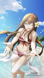Rule 34 | 1girl, absurdres, alternate costume, beach, bikini, bikini top only, breasts, brown hair, cleavage, cloud, cloudy sky, copyright name, cowboy shot, day, dutch angle, flower, hair flower, hair ornament, highres, huke, long hair, looking at viewer, makise kurisu, navel, ocean, official art, one eye closed, open mouth, outstretched hand, palm tree, red bikini, sarong, see-through, sky, small breasts, smile, solo, standing, steins;gate, straight hair, striped bikini, striped bikini top, striped clothes, swimsuit, tree, water drop, watermark