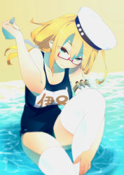 Rule 34 | 10s, 1girl, blonde hair, blue eyes, breasts, glasses, hat, i-8 (kancolle), kantai collection, large breasts, long hair, looking at viewer, one-piece swimsuit, personification, red-framed eyewear, school swimsuit, semi-rimless eyewear, sitting, so shina, sohin, solo, swimsuit, thighhighs, under-rim eyewear, water, white thighhighs
