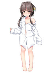 Rule 34 | 1girl, barefoot, blush, brown eyes, brown hair, buttons, closed mouth, collarbone, full body, highres, kantai collection, navel, ruin re birth, shirt, short hair with long locks, sidelocks, simple background, sleeves past fingers, sleeves past wrists, smile, solo, ukuru (kancolle), white background, white shirt, wide sleeves