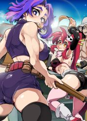Rule 34 | 1boy, 3girls, absurdres, ass, bare shoulders, belt, bikini, bikini top only, black hair, black necktie, black shorts, black thighhighs, boku no hero academia, bongfill, boots, breasts, chainsaw man, closed mouth, crossover, goggles, hair ornament, hair stick, hat, highres, holding, holding goggles, lady nagant, large breasts, long hair, long nose, looking at viewer, looking back, makima (chainsaw man), micro shorts, mouth hold, multicolored hair, multiple crossover, multiple girls, necktie, one piece, pink hair, pink thighhighs, ponytail, purple hair, red hair, scarf, shirt, shorts, sideboob, sidelocks, skull hair ornament, smile, swimsuit, tengen toppa gurren lagann, thighhighs, thighhighs under boots, trait connection, usopp, white shirt, yoko littner