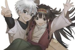 Rule 34 | 1boy, 1girl, alluka zoldyck, black eyes, black hair, brother and sister, brothers, hair between eyes, hair ornament, hairband, highres, hunter x hunter, killua zoldyck, long hair, long sleeves, mabelmine, multi-tied hair, open mouth, shirt, siblings, silver hair, simple background, upper body, v, white background