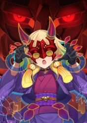 Rule 34 | 1girl, @ @, agibe, blonde hair, blue hair, choker, claw pose, duel monster, flower, gradient hair, green eyes, hands up, highres, jacket, japanese clothes, kimono, long sleeves, mask, medium hair, multicolored hair, noh-p.u.n.k. ogre dance, obi, open clothes, open jacket, open mouth, sash, solo, tinted eyewear, wide sleeves, yellow-tinted eyewear, yu-gi-oh!