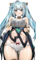 Rule 34 | 1girl, aqua eyes, aqua hair, bare shoulders, blush, bracelet, breasts, clothes lift, dress, faruzan (genshin impact), genshin impact, hair between eyes, hair ornament, highres, jewelry, lifted by self, lifting another&#039;s clothes, long hair, looking at viewer, medium breasts, panties, poharo, short sleeves, sideboob, simple background, skirt, skirt hold, skirt lift, solo, twintails, underwear, upper body, white background, white dress, white panties, x hair ornament