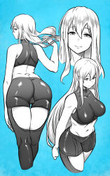 Rule 34 | 1girl, absurdres, aqua background, aqua theme, arknights, ass, bare shoulders, black pants, bonz (bonz0616), breasts, closed mouth, clothing cutout, greyscale, hair between eyes, highres, impossible clothes, large breasts, long hair, looking at viewer, looking back, monochrome, multiple views, navel, pants, partially colored, silver hair, skadi (arknights), skin tight, smile, thigh cutout, thigh gap, very long hair