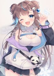 Rule 34 | 1girl, :d, akuo 11, animal bag, bag, blue eyes, blue hair, blush, breasts, brown hair, candy, chest belt, chillypanda (vtuber), cleavage, cross-laced slit, double bun, food, hair bun, hair ornament, hand up, highres, holding, holding candy, holding food, holding lollipop, indie virtual youtuber, jacket, jewelry, large breasts, lollipop, long hair, multicolored hair, necklace, off shoulder, one eye closed, open mouth, panda hair ornament, pleated skirt, shoulder bag, skirt, sleeveless, sleeveless sweater, sleeveless turtleneck, smile, snowflake ornament, solo, streaked hair, sweater, turtleneck, turtleneck sweater, two-tone hair, two side up, very long hair, virtual youtuber