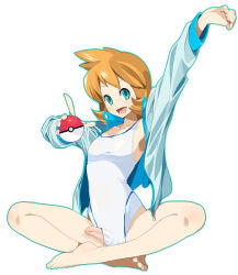 Rule 34 | 1boy, agemono, androgynous, aqua eyes, arm up, armpits, barefoot, brown hair, creatures (company), foreskin, game freak, gender request, genderswap, green eyes, gym leader, indian style, jacket, male focus, misty (pokemon), nintendo, one-piece swimsuit, open mouth, orange hair, penis, poke ball, pokemon, pokemon hgss, short hair, simple background, sitting, smile, solo, swimsuit
