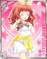 Rule 34 | 1girl, :d, black socks, blouse, card (medium), character name, closed eyes, curly hair, dress, first aid kit, girlfriend (kari), green eyes, hair ornament, long hair, looking at viewer, official art, open mouth, pink background, qp:flapper, red hair, ribbon, saeki marika, shirt, shoes, skirt, smile, socks, solo, striped clothes, striped shirt, sweater, tagme, tied sweater, white dress, white shirt, yellow ribbon, yellow sweater