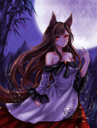 Rule 34 | 1girl, absurdres, animal ears, backlighting, bad id, bad pixiv id, bamboo, bamboo forest, blouse, breasts, brooch, brown hair, cleavage, dress, fingernails, forest, full moon, hand up, highres, hitodama, imaizumi kagerou, jewelry, lavender dress, layered dress, long hair, long sleeves, looking at viewer, moon, moonlight, mountain, nature, night, night sky, off shoulder, parted lips, red dress, red skirt, sharp fingernails, sheya, shirt, sidelocks, skirt, sky, solo, star (sky), starry sky, tail, touhou, very long hair, white shirt, wolf ears, wolf tail