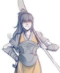 Rule 34 | 1girl, armor, artist name, blue hair, fire emblem, fire emblem fates, glaring, hand on own hip, japanese clothes, long hair, looking at viewer, muted color, naginata, nintendo, oboro (fire emblem), polearm, ponytail, scowl, solo, ticcy, weapon